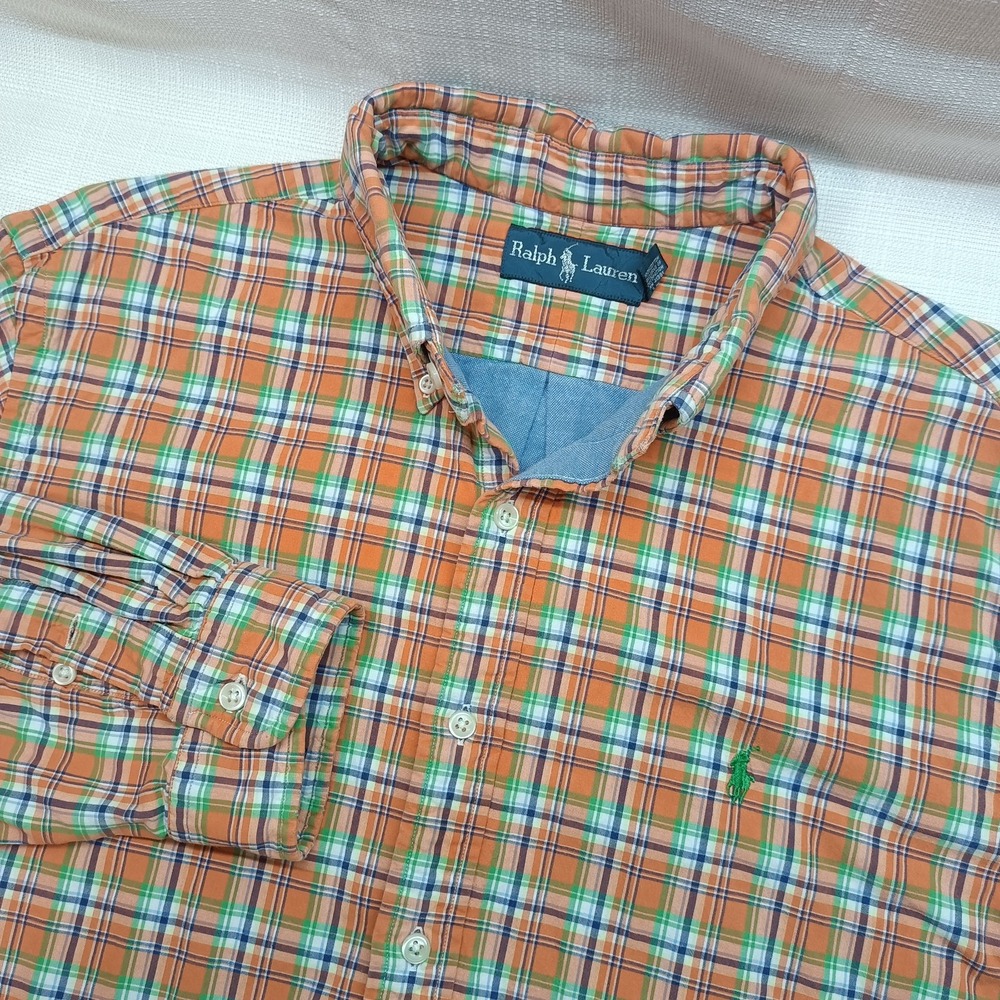 Ralph Lauren Mens Flannel Shirt XL Orange Plaid Lined Logo Button Shacket Jacket
